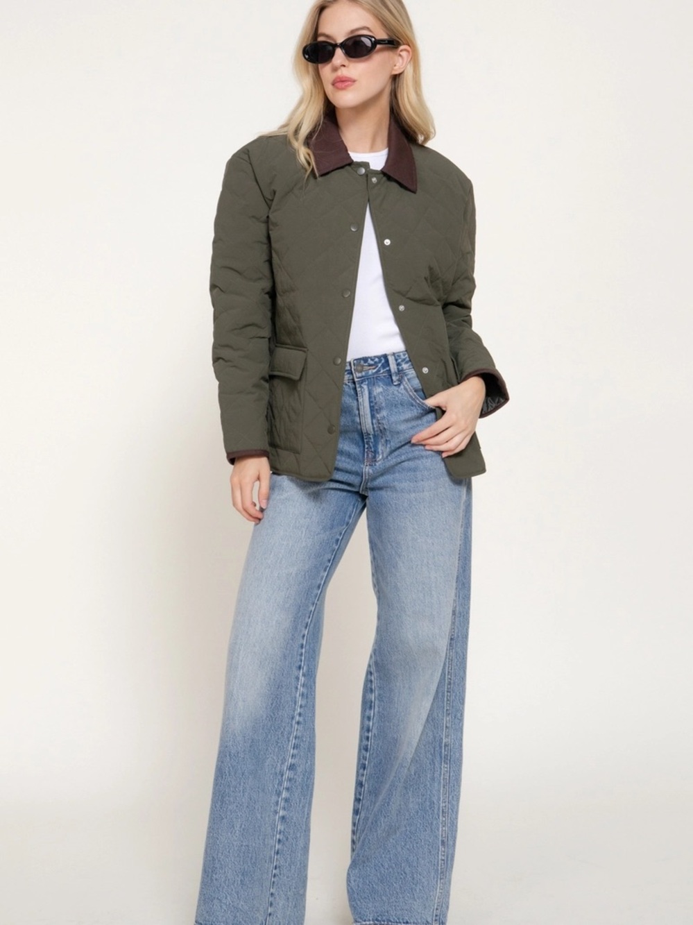 Quilted Olive Green Puffer Jacket with Contrast Brown Collar - Women - Picture 2 of 4